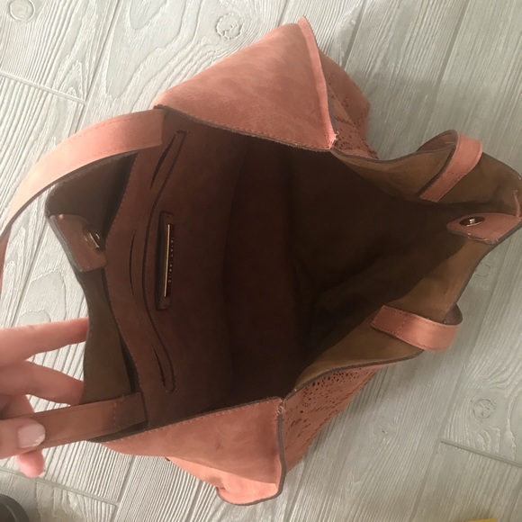 STREET LEVEL Suede Shoulder Bag Fully with Single Snap Closure in Red/Brown - Picture 7 of 14